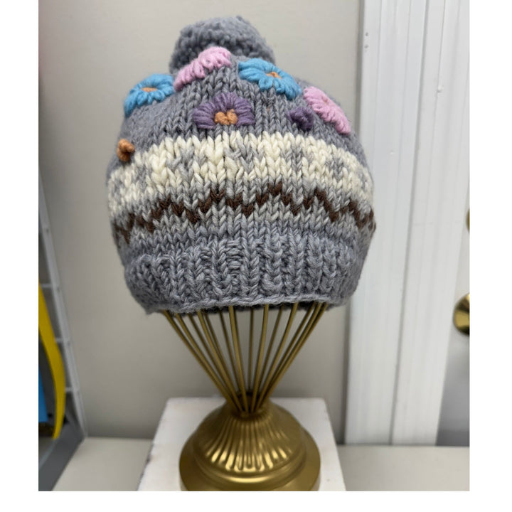 Pom Pom Floral Wool Fleece Lined Hats / Handmade in Nepal / Choice of 4 Colors