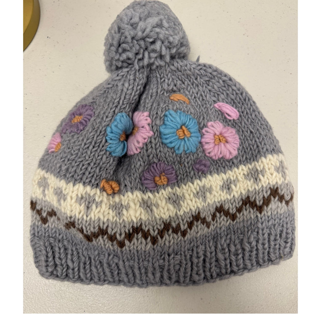 Pom Pom Floral Wool Fleece Lined Hats / Handmade in Nepal / Choice of 4 Colors