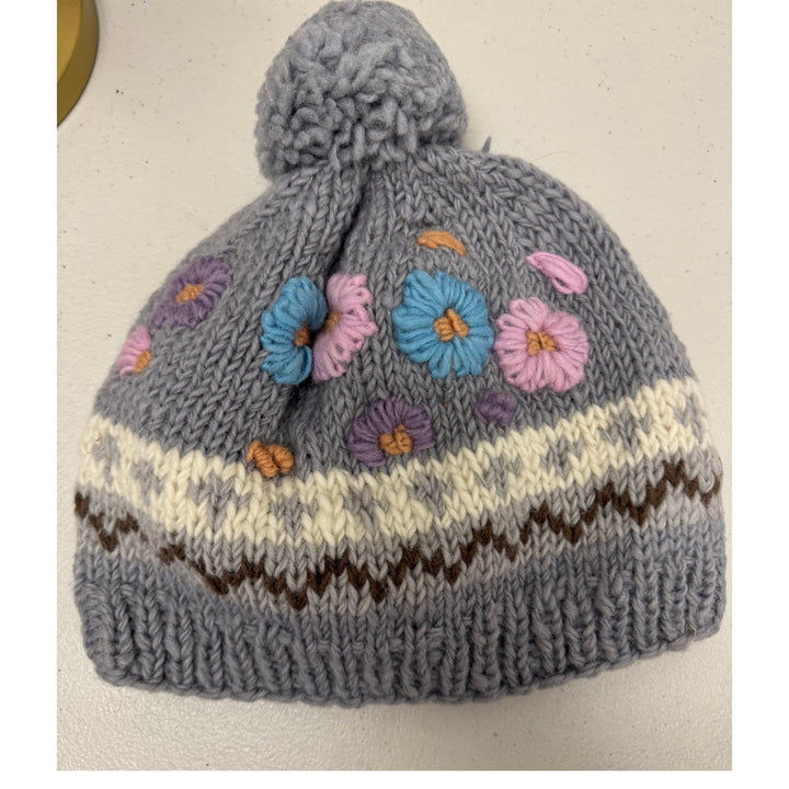 Pom Pom Floral Wool Fleece Lined Hats / Handmade in Nepal / Choice of 4 Colors