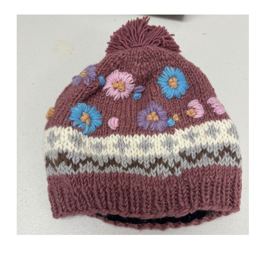 Pom Pom Floral Wool Fleece Lined Hats / Handmade in Nepal / Choice of 4 Colors