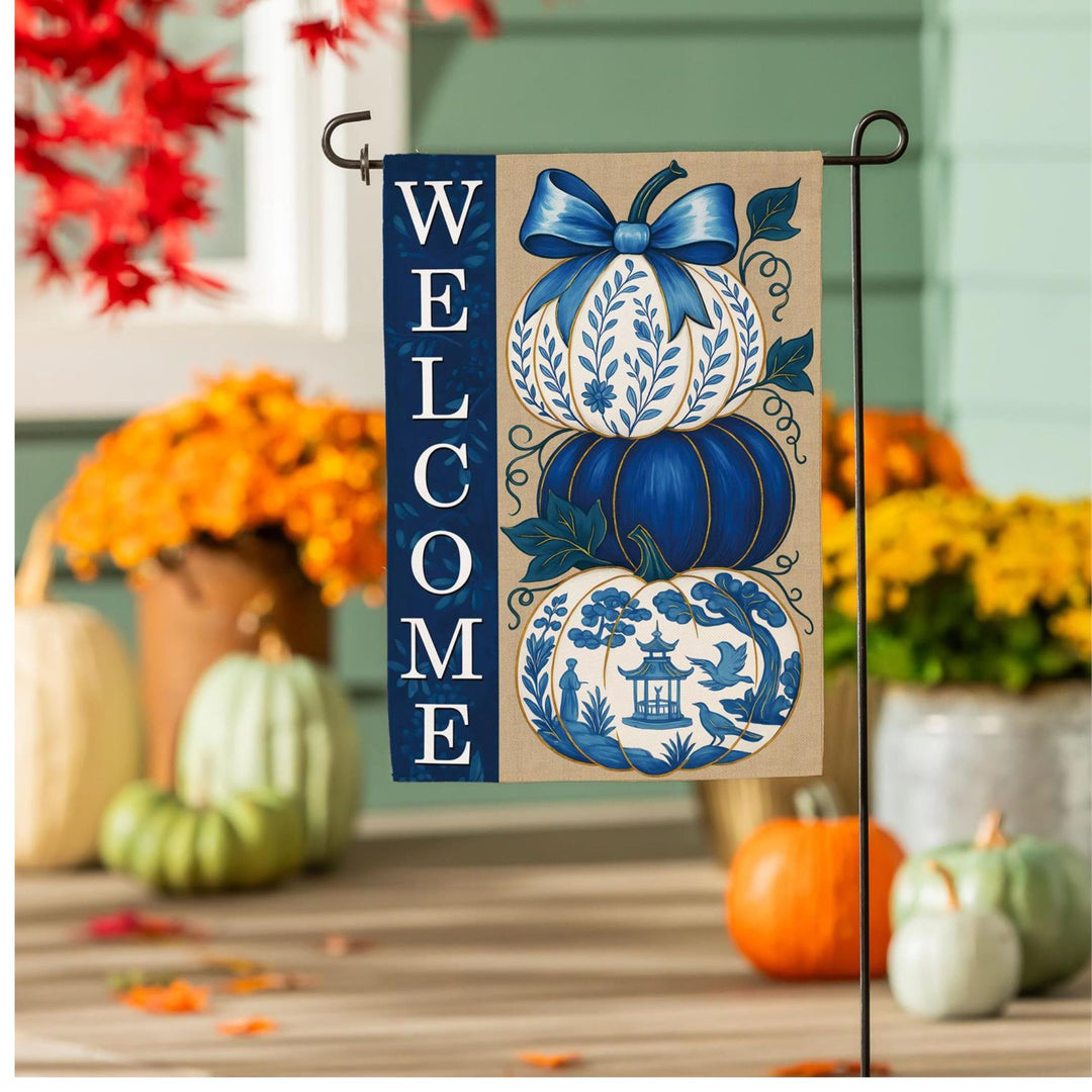 Blue Chinoiserie Pumpkin Stack Burlap Garden Flag
