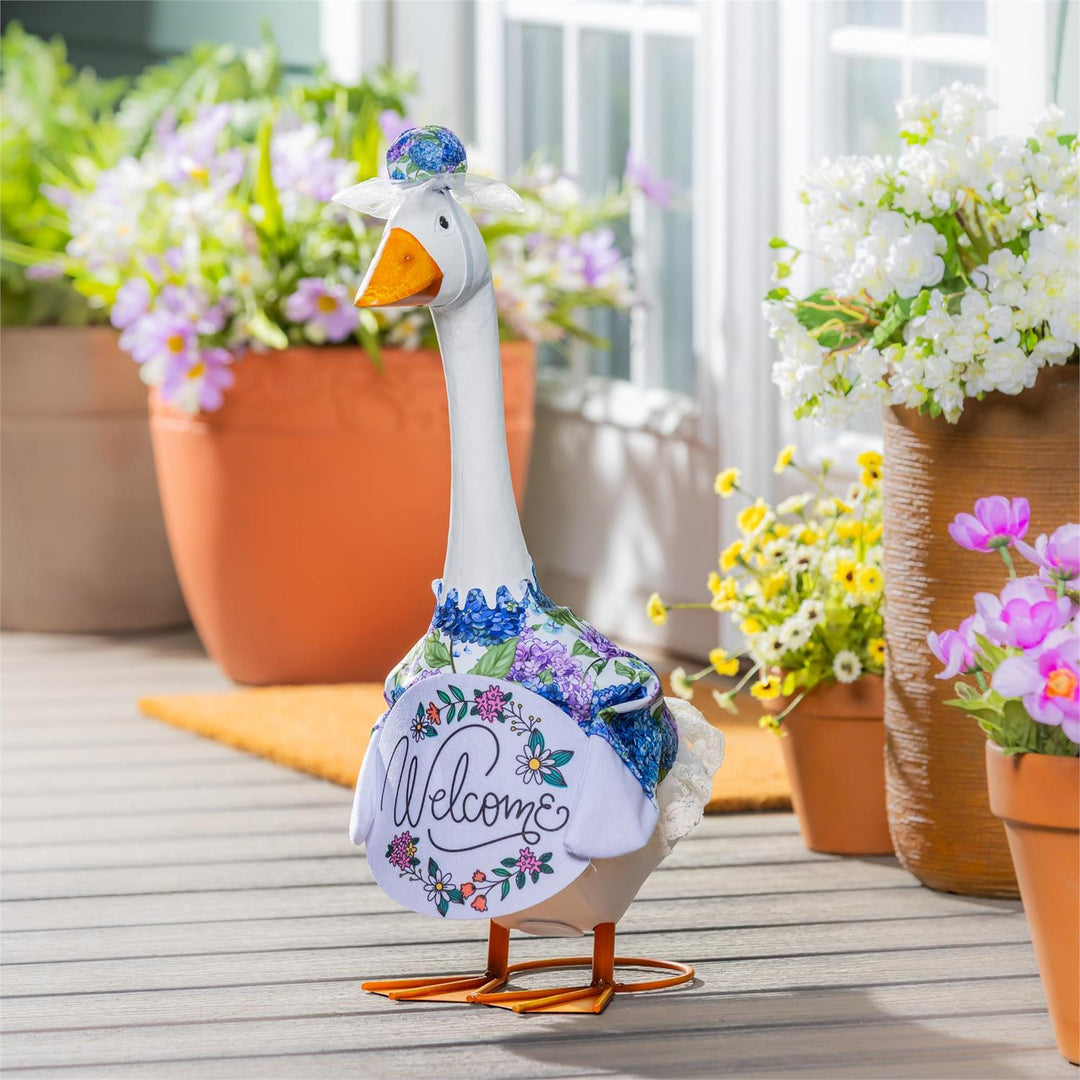 Giddy Hydrangea Welcome Outfit - Blue Floral Goose Dress with Welcome Sign