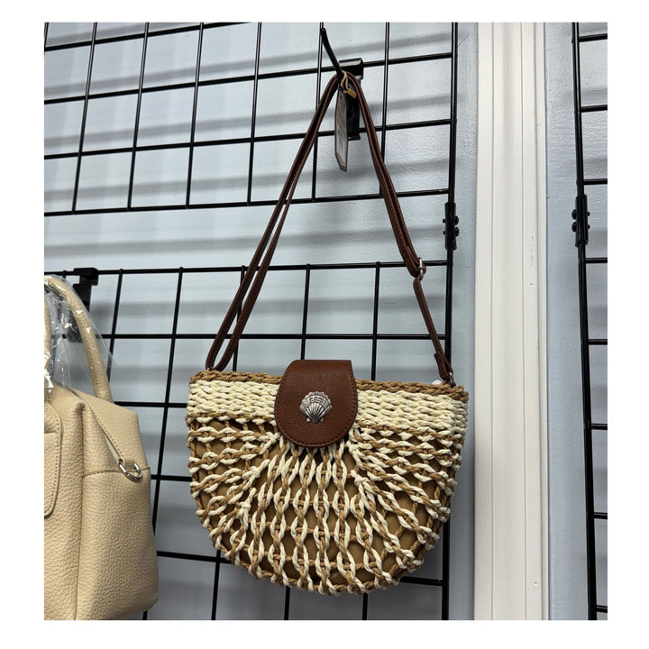 Natural Woven Straw Crossbody with Shell Detail/Coastal Summer Bag