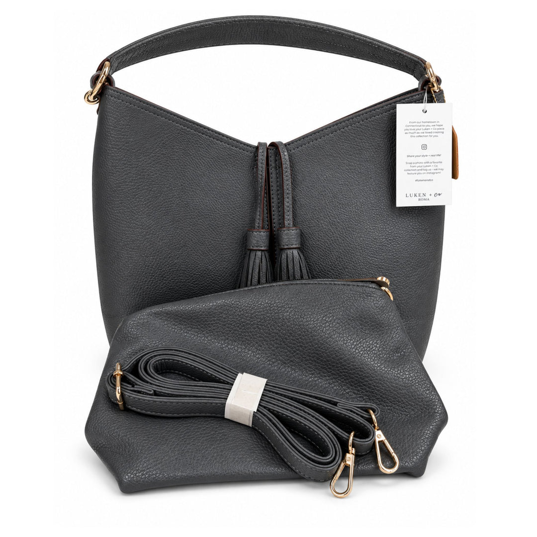 Tassel Hobo Handbag with Matching Pouch &amp; Crossbody Strap - Gray or Navy