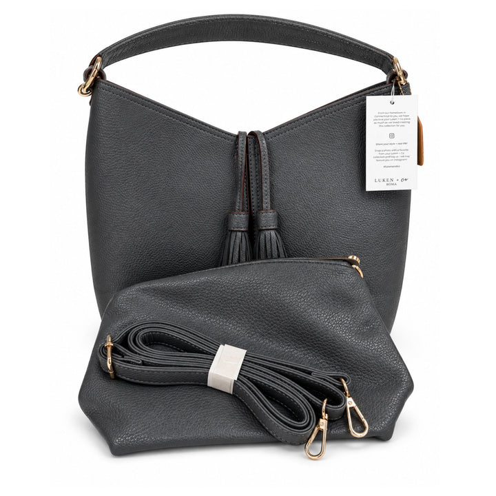 Tassel Hobo Handbag with Matching Pouch &amp; Crossbody Strap - Gray or Navy