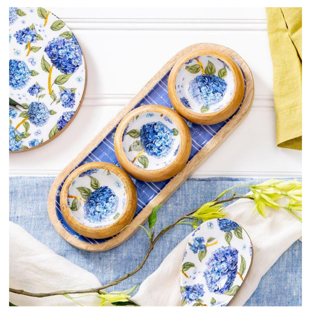 Hydrangea Mango Wood Server with Three Bowls/Floral Serving Tray Set