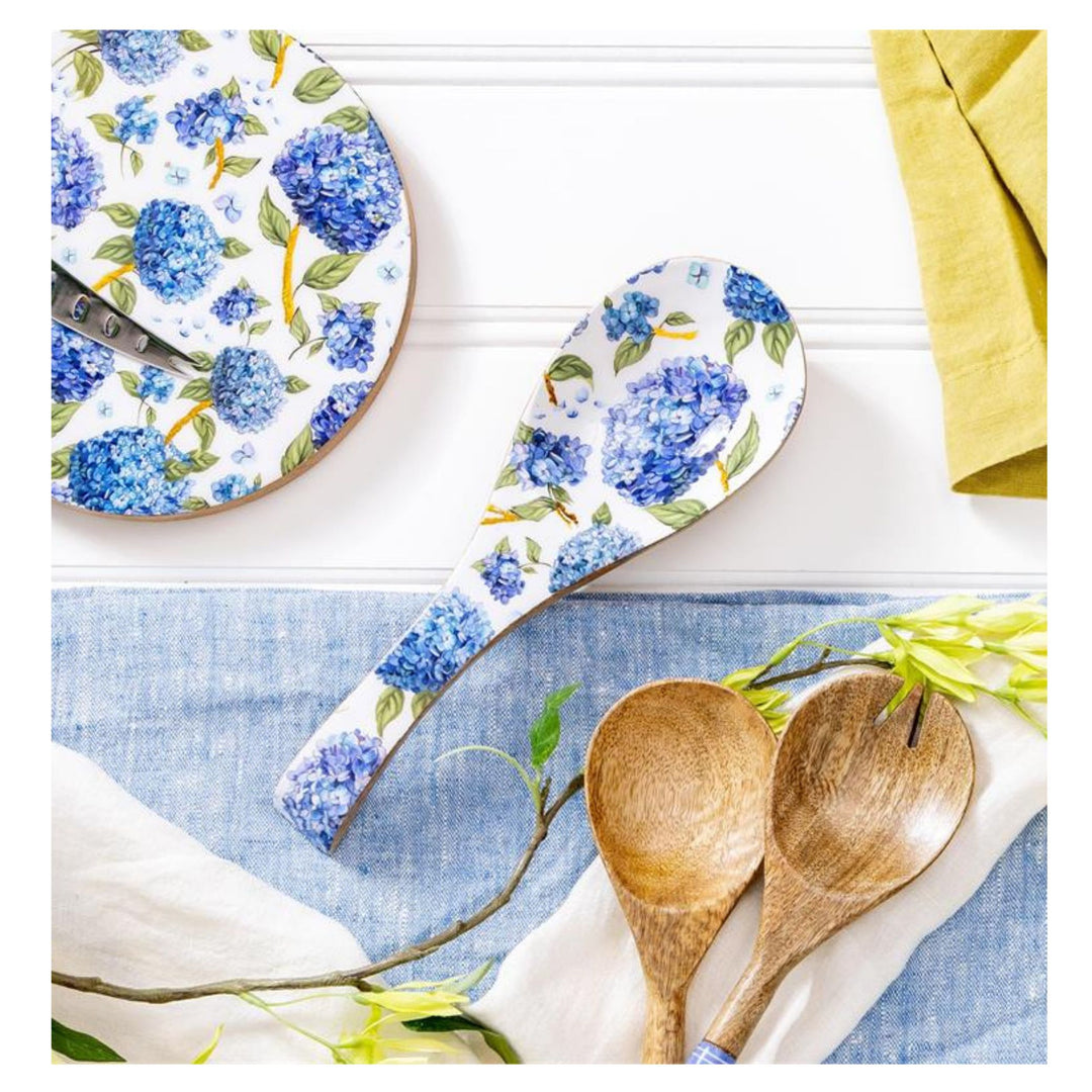 Mango Wood Hydrangea Spoon Rest 10.25"/Floral Kitchen Spoon Holder