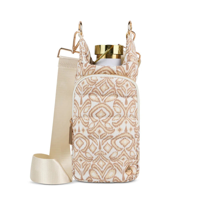 Neutral IKAT Quilted Crossbody Water Bottle Bag