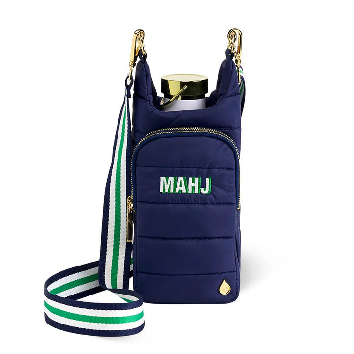 Navy "MAHJ" Quilted Crossbody Water Bottle Bag