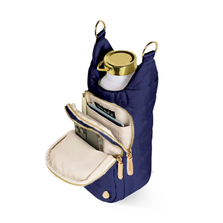 Navy "MAHJ" Quilted Crossbody Water Bottle Bag