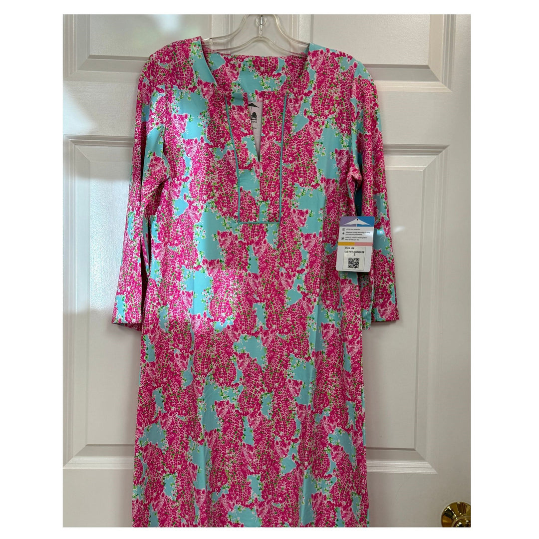 Sun Protection Dress - 3/4 Sleeve Slit Placket Dress Aqua  Pink
