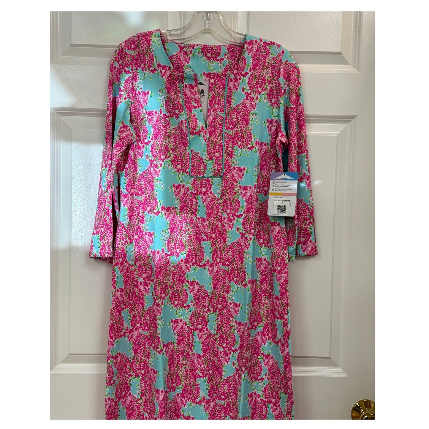 Dress - 3/4 Sleeve Slit Placket Dress Aqua  Pink