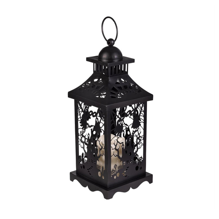 Halloween Pumpkin Witch LED Lantern - Metal Decorative Lantern with Flickering Candle, 12"