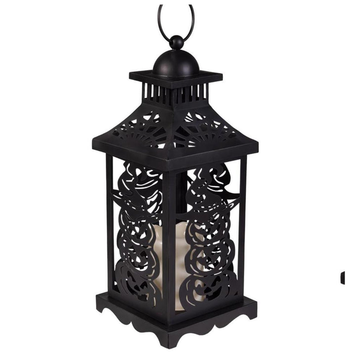 Halloween Pumpkin Witch LED Lantern - Metal Decorative Lantern with Flickering Candle, 12"