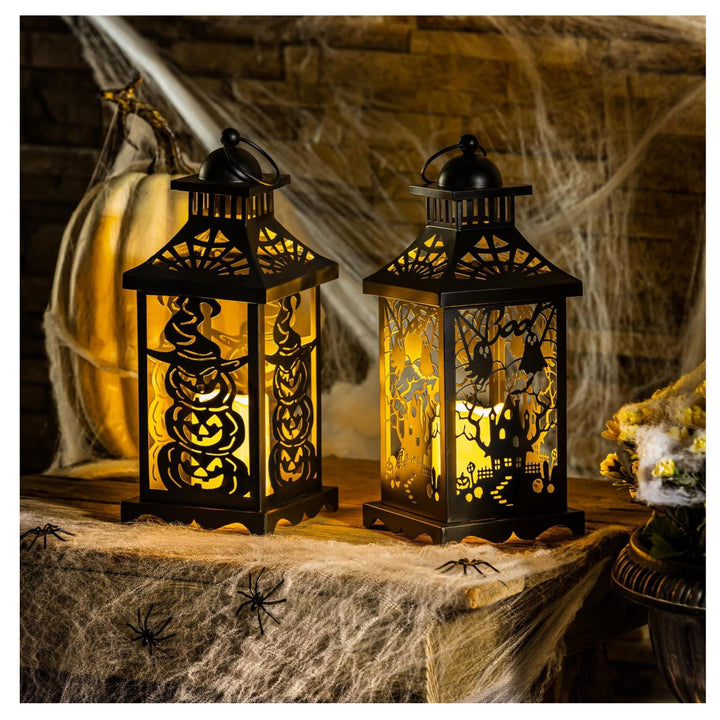 Halloween Pumpkin Witch LED Lantern - Metal Decorative Lantern with Flickering Candle, 12"
