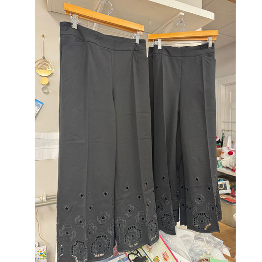 Lisette Black Wide Leg Pant with Laser Cut Embroidery -- 26" Ankle Length