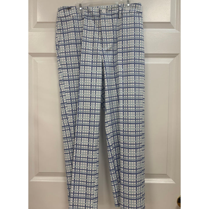Lisette Pastel Blue &amp; White Grid Crop Pant with Hidden Zip &amp; Button Waist