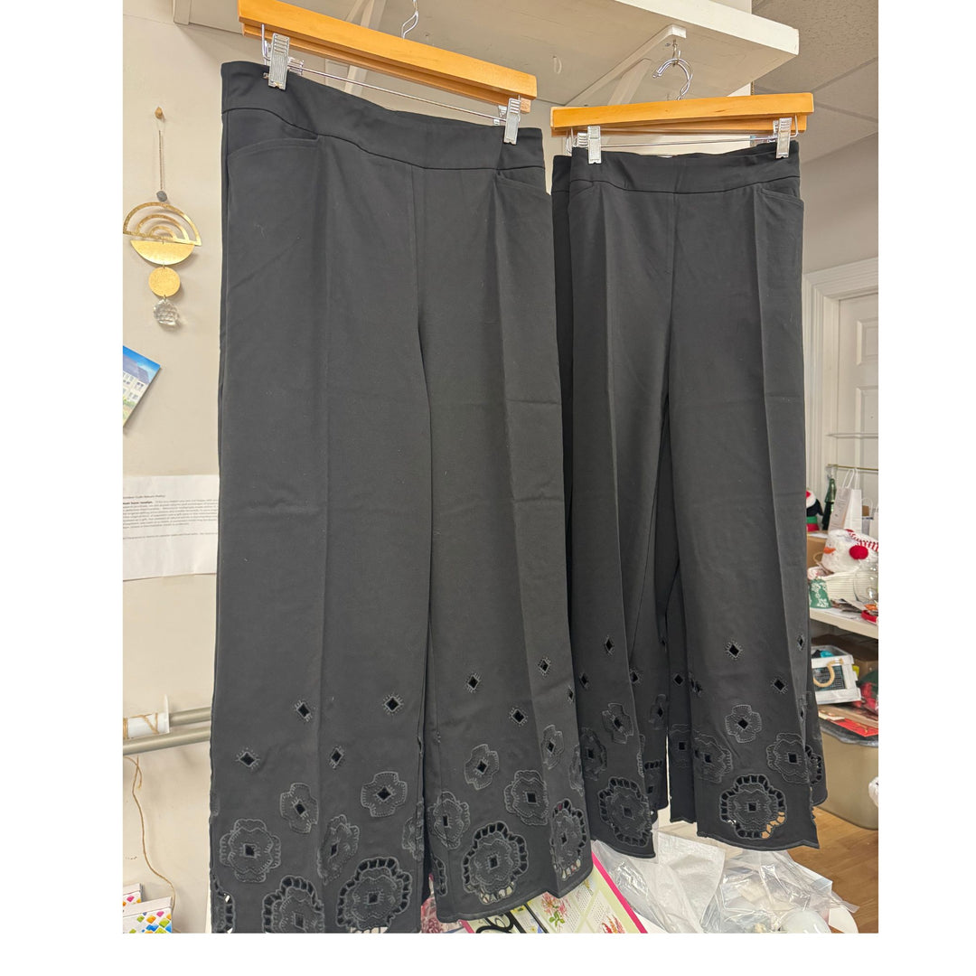 Lisette Black 26" Wide Leg Pant with Laser Cut Embroidered Hem