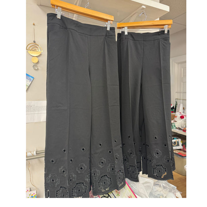 Lisette Black 26" Wide Leg Pant with Laser Cut Embroidered Hem