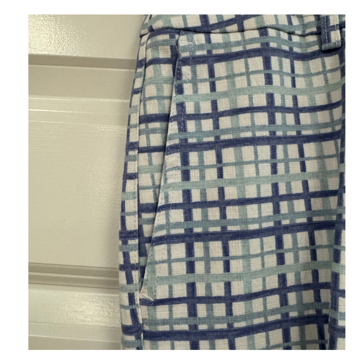 Lisette Pastel Blue &amp; White Grid Crop Pant with Hidden Zip &amp; Button Waist