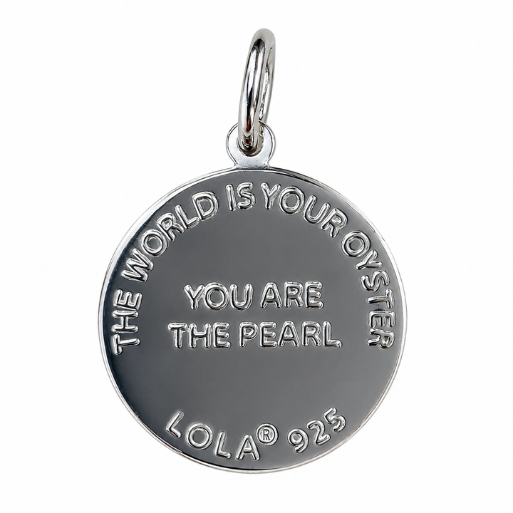 A silver oval pendant charm featuring the engraved quote &
