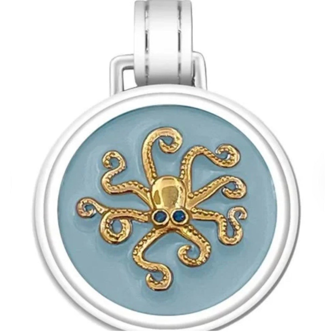 Lola 19mm Mixed Metal Octopus Pendant with Blue Topaz on Pale Blue