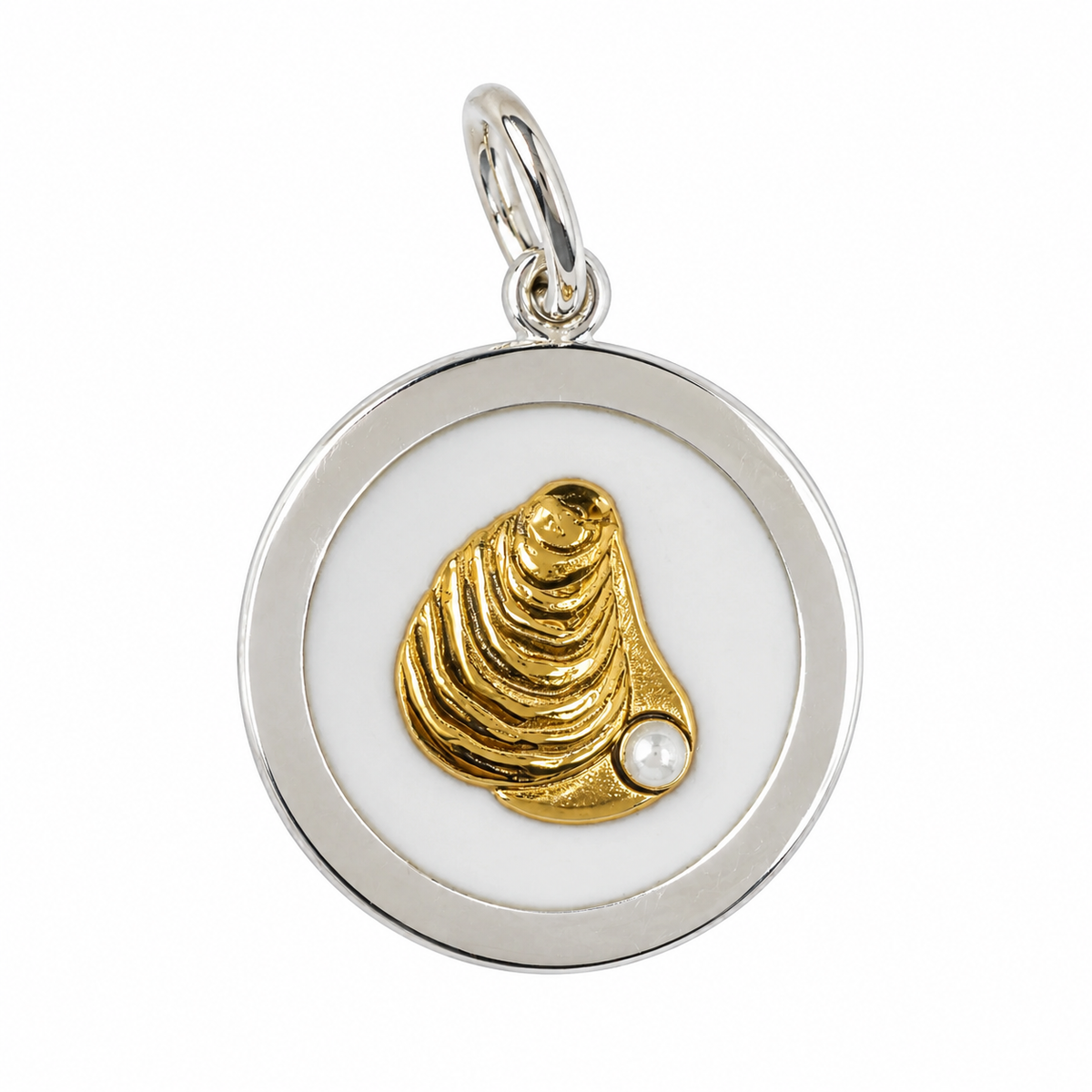 A round pendant charm featuring a textured gold clam shell with a small white pearl accent, set against a white enamel background and framed by a polished silver-tone border with a top loop.