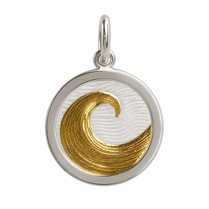 A round sterling silver pendant featuring a textured gold wave design on a white enamel background, with a polished silver border and a top hanging loop.