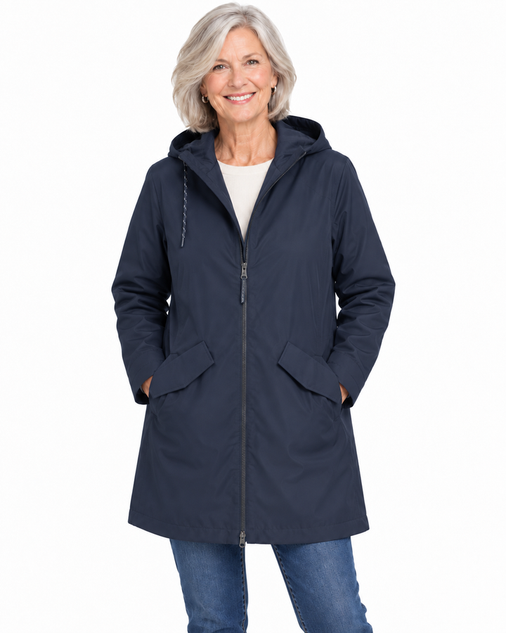 Batela Long Padded Hooded Raincoat in Navy