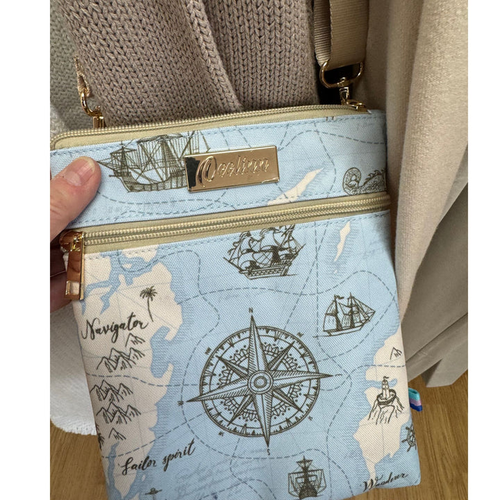 Oeelinn Nautical Map Crossbody Bag/Compass Print Adjustable Strap