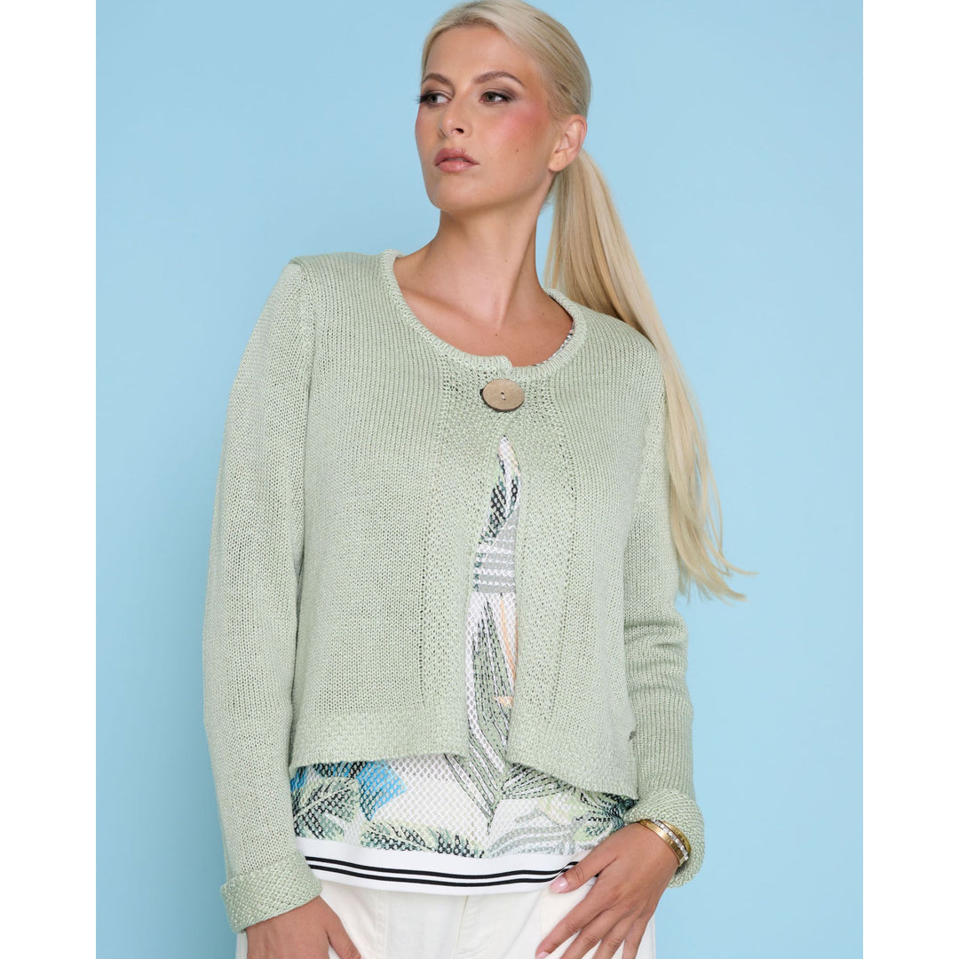 Celery One-Button Knit Jacket--Lightweight Cotton Blend Cardigan
