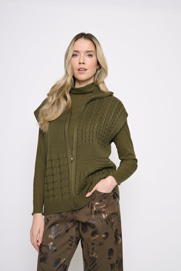 Picadilly Cable Knit Zip Front Sweater Vest - Sandstone or Dark Olive