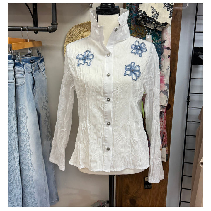 White Button-Front Wire Collar Blouse/Long Sleeve Layering Top