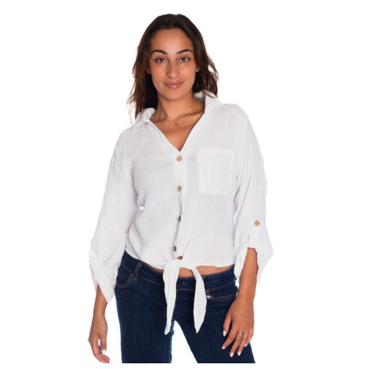 Amorosa Linen Tie-Front Button Top / White &amp; Sky Blue