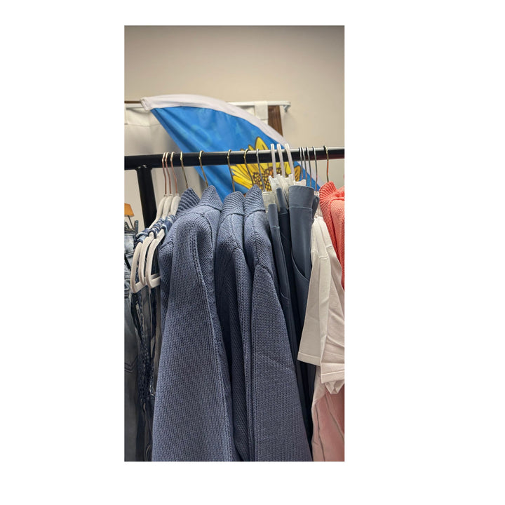 Cornflower Blue Ribbed Pocket Cardigan / Hip Length Knitwear