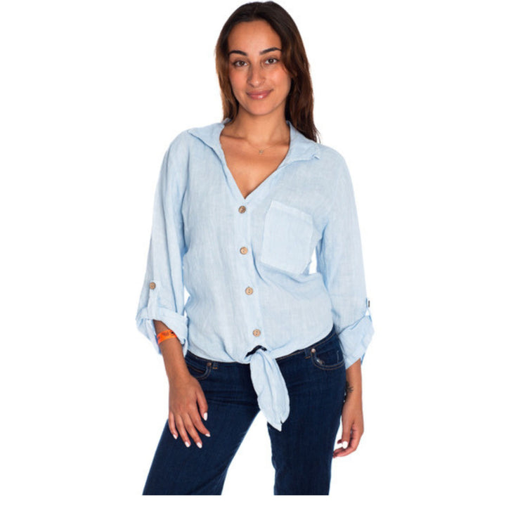 Amorosa Linen Tie-Front Button Top / White &amp; Sky Blue
