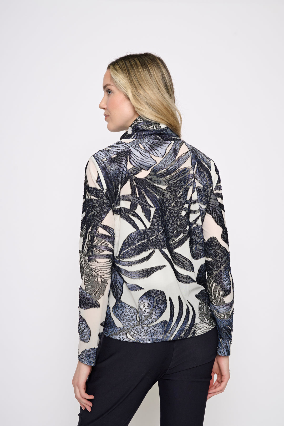 Picadilly Botanical Print Draped Neck top / Deep Denim &amp; Ivory