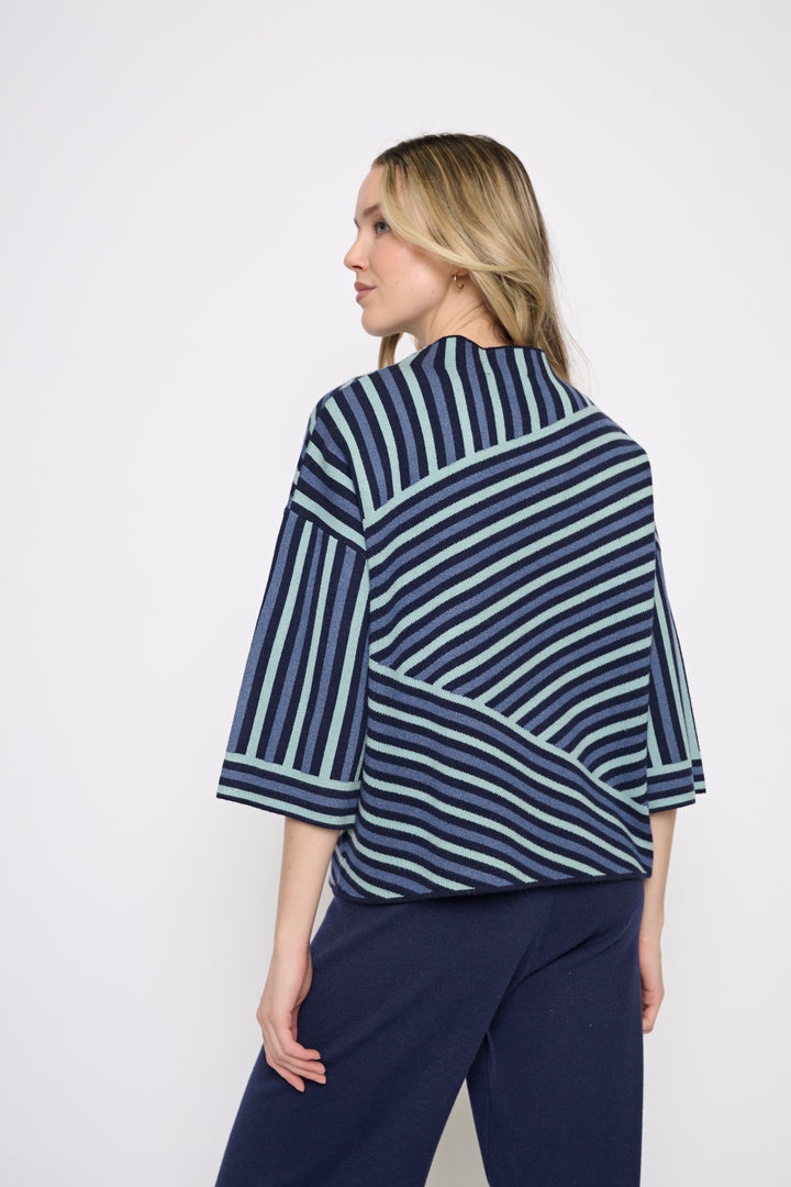 Picadilly Mixed Stripe Mock Neck Sweater Knit Top / Navy Multi