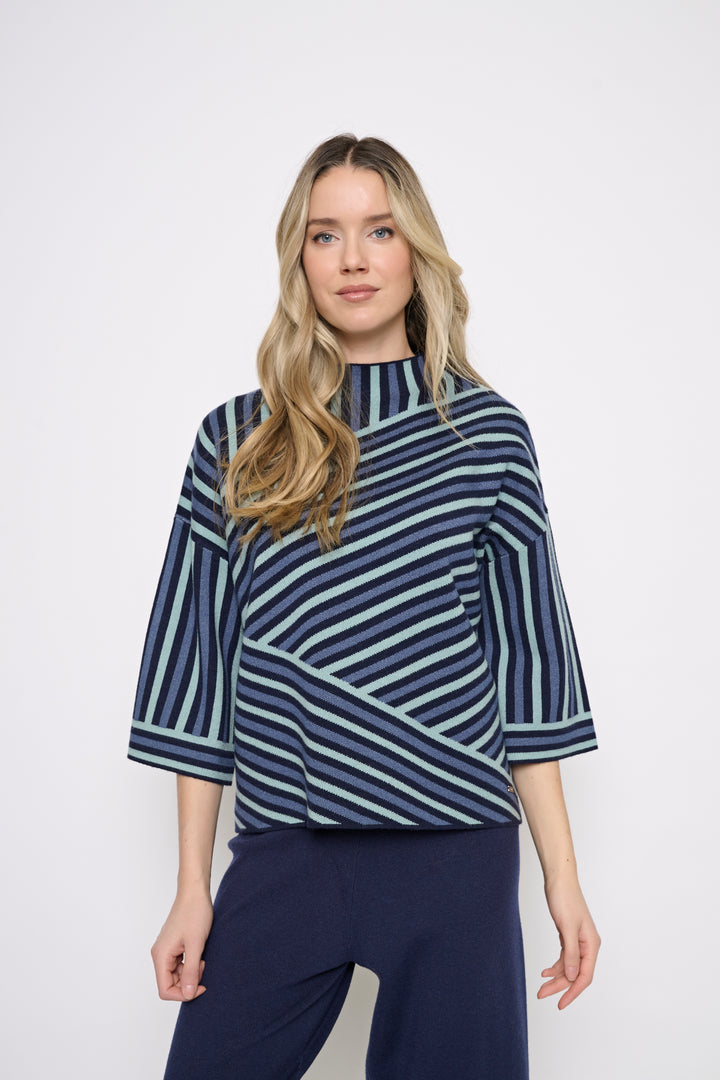 Picadilly Mixed Stripe Mock Neck Sweater Knit Top / Navy Multi