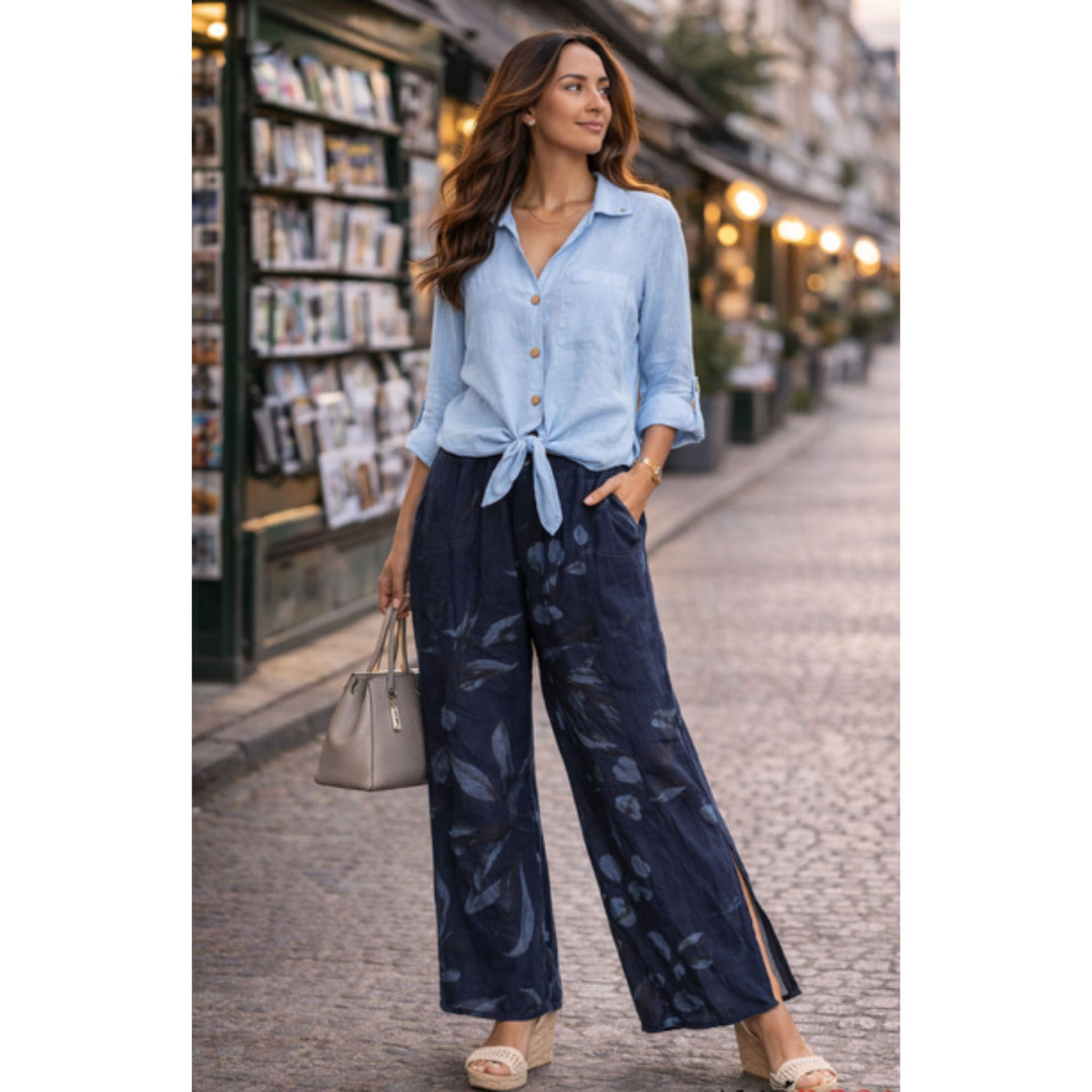 Amorosa Linen Tie-Front Button Top / White &amp; Sky Blue