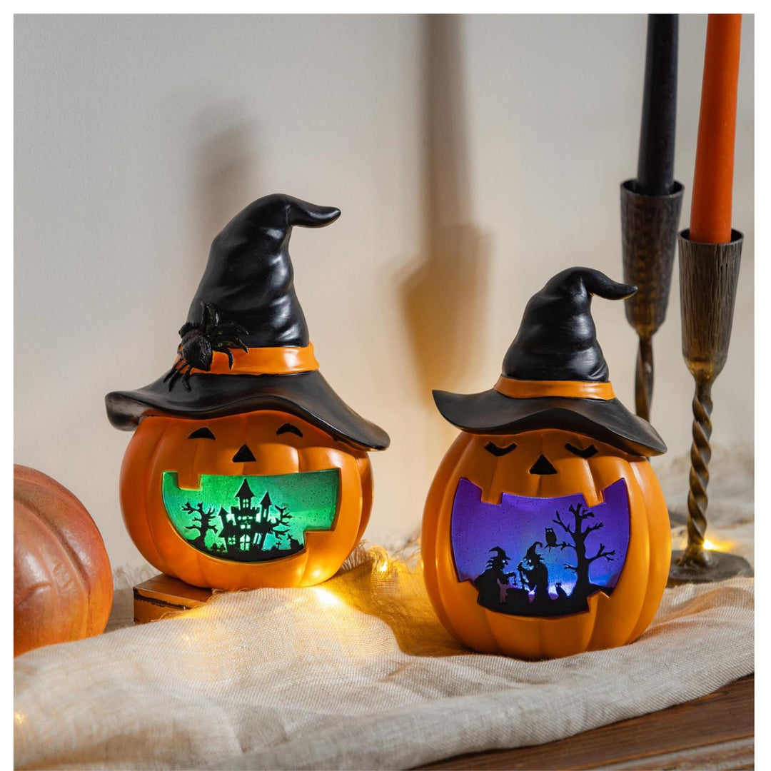 LED Halloween Pumpkin Table Decor - 7" Polyresin Lighted Pumpkin/Choice of Purple Witch or Green Haunted House