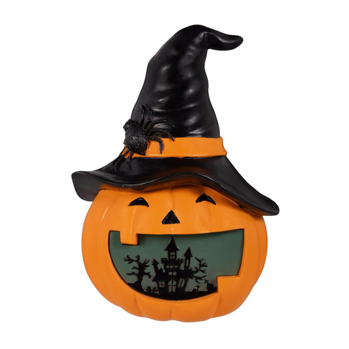 LED Halloween Pumpkin Table Decor - 7" Polyresin Lighted Pumpkin/Choice of Purple Witch or Green Haunted House