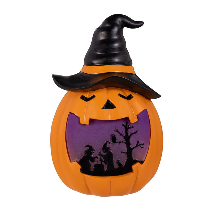 LED Halloween Pumpkin Table Decor - 7" Polyresin Lighted Pumpkin/Choice of Purple Witch or Green Haunted House