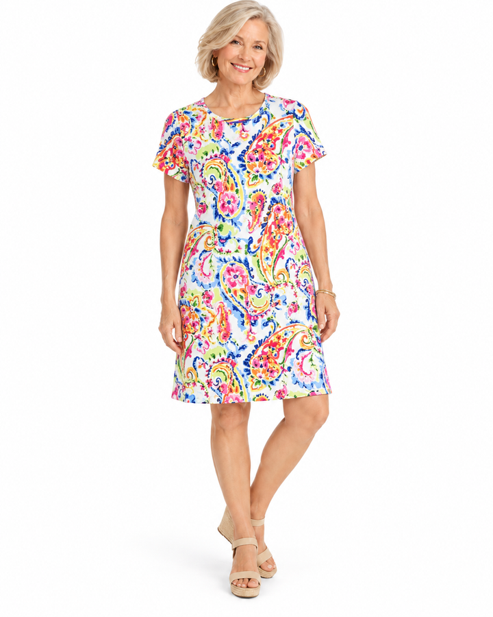Sun Protection Dress - Barbara Christina Short Sleeve White Multi Colors