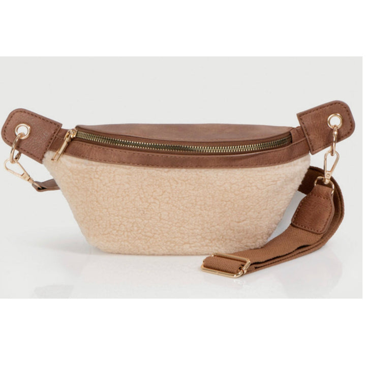 Sherpa Belt Bag Crossbody - Beige Faux Sherpa with Adjustable Strap