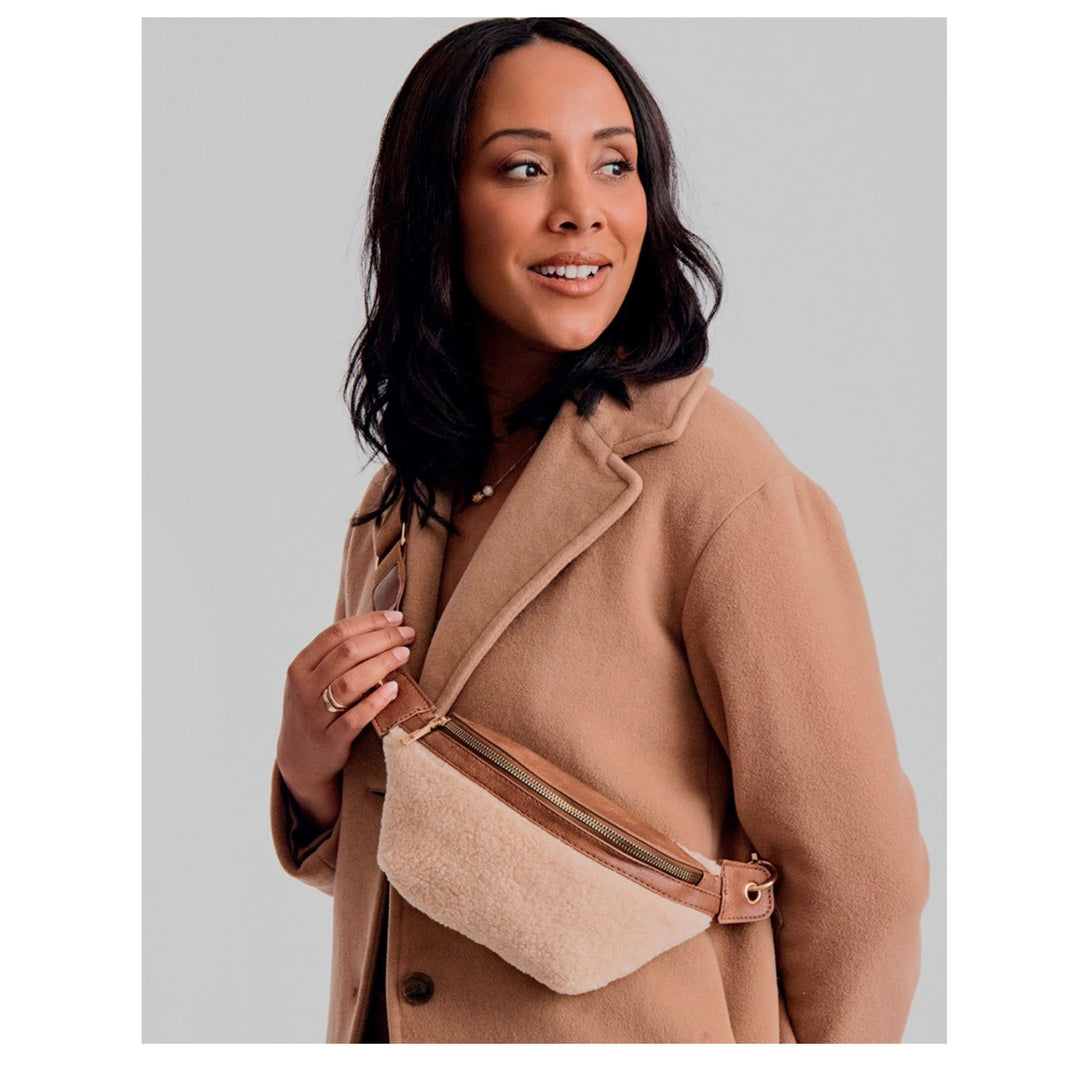 Sherpa Belt Bag Crossbody - Beige Faux Sherpa with Adjustable Strap