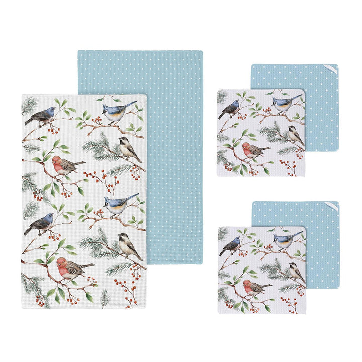 Winter Songbirds Quick-Dry Kitchen Towel &amp; Dish Cloth Set