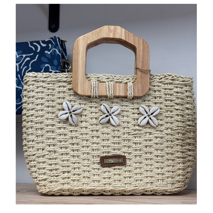 Natural Straw Handbag with Shell Accents &amp; Wood Handles/Coastal Statement Tote