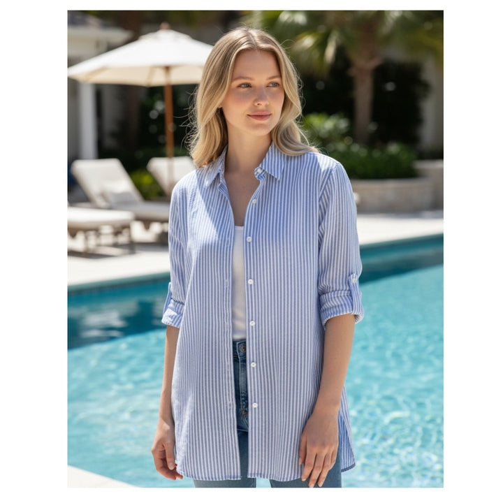 Coastal Blue Stripe Button Down Shirt Jacket