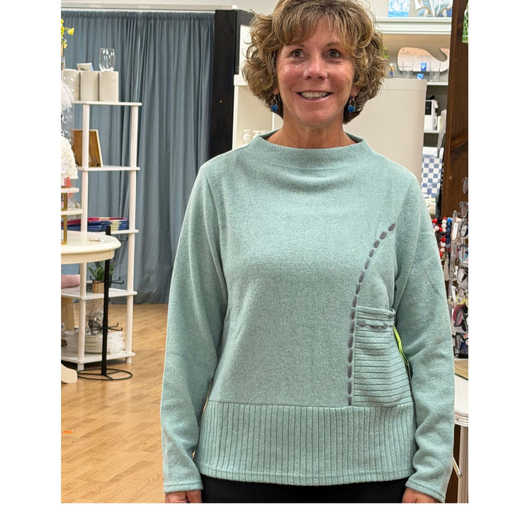 Trisha Tyler Turquoise Blanket Stitch Pocket Sweater